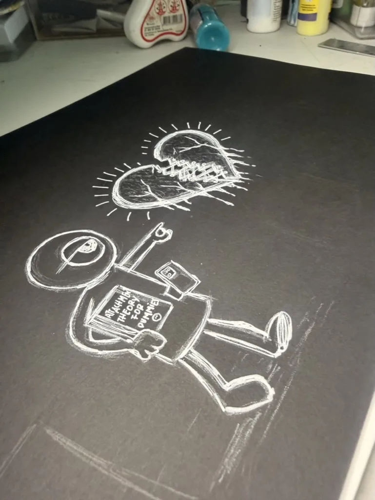 Boceto en lápiz blanco sobre papel negro: un Ojai sostiene un libro que dice «Attachment theory for dummies», junto a un corazón cosido.