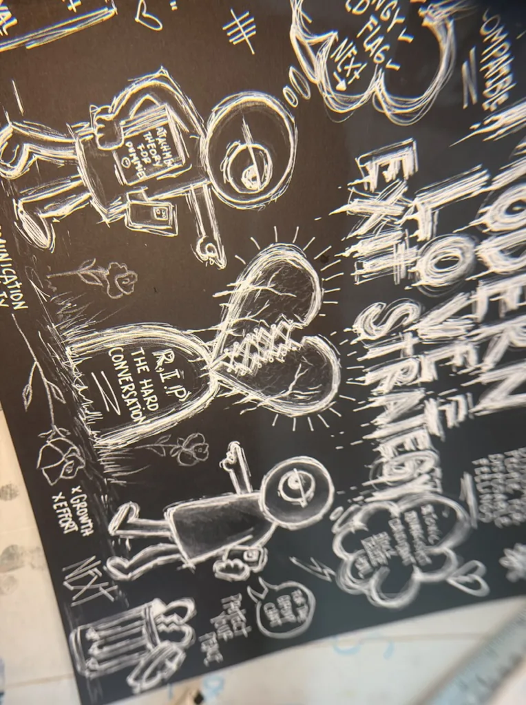 Boceto de la obra en lápiz blanco sobre papel negro: los dos Ojai, el corazón, la lápida y las palabras «Modern Love · Exit Strategy».